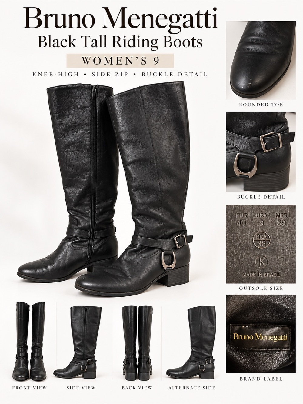Bruno Menegatti Women's Size 9 Black Knee High Riding Moto Boots